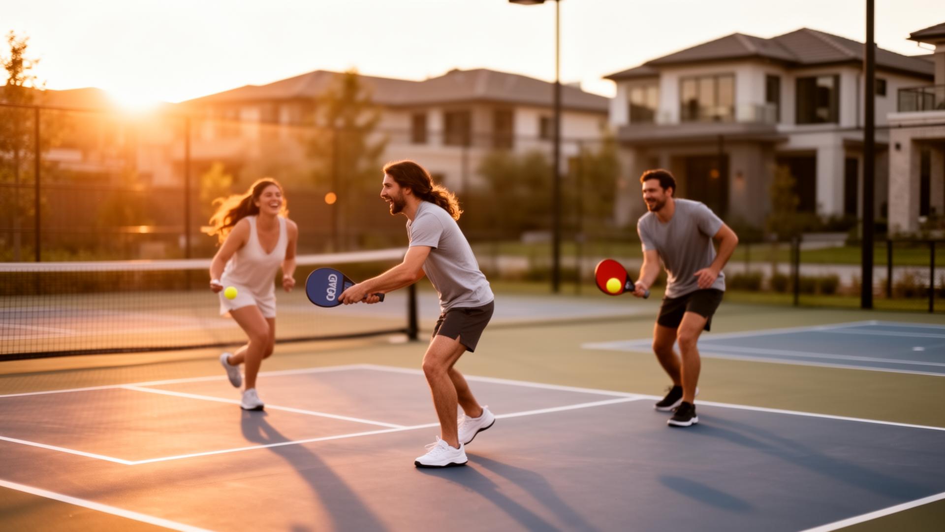 Residents playing pickleball at golden hour